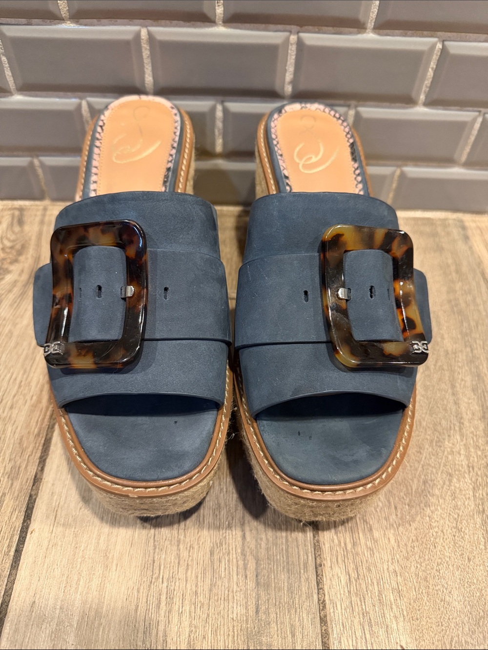 Sam Edelman “Livi”Navy Slide Mules with Tortoiseshell Buckle